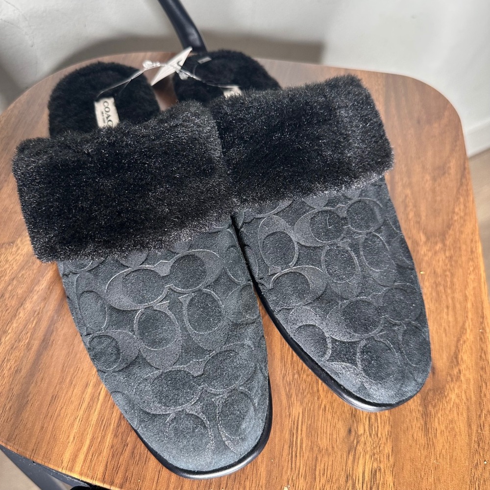 Coach Sherpa Flat Mule Signature Suede Slipper Women's Size 10 Black CCX65